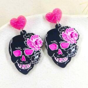 Halloween Lolita Gothic Valentine Pink Floral Heart Skull Drop Earrings